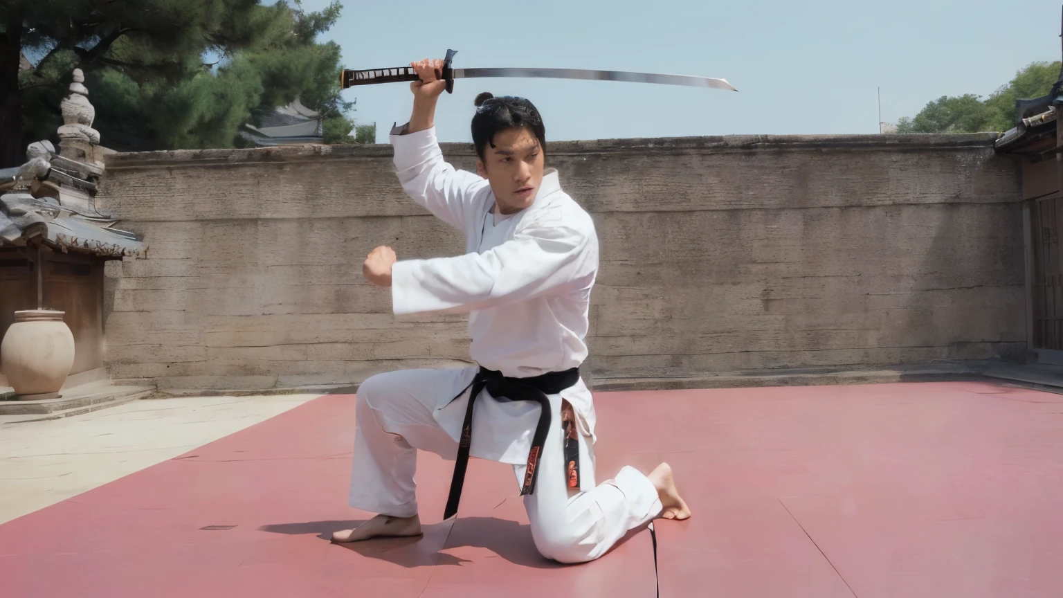 there is a man in a white shirt holding a sword, martial art pose, dramatic katana wielding pose, Powerful aggressive sword stance, doing Martial Arts, Martial Arts, Dramatic pose holding the sword., fighting stance, Inspired by Gatōken Shunshi, wielding a katana, Kenji Tsuruta, in an action pose, in fighting pose, karate