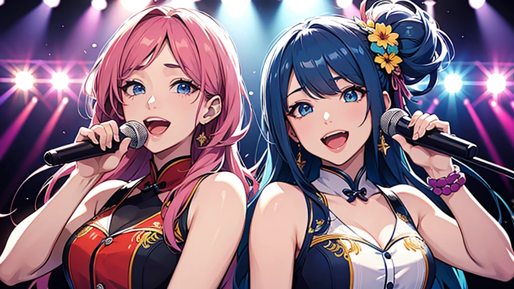 Idol group singing。on stage。A colorful world。Close-up of face。