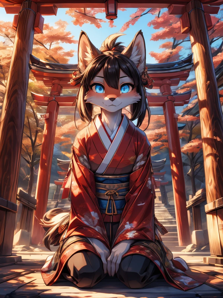 Japanese kistune add high definition_detagregate_detail:1, japanese shrine scenery add_detail:1, Whole body_detail, under a tori gate, super detailed pupils, beautiful eyes, bright pupils, jack-o position