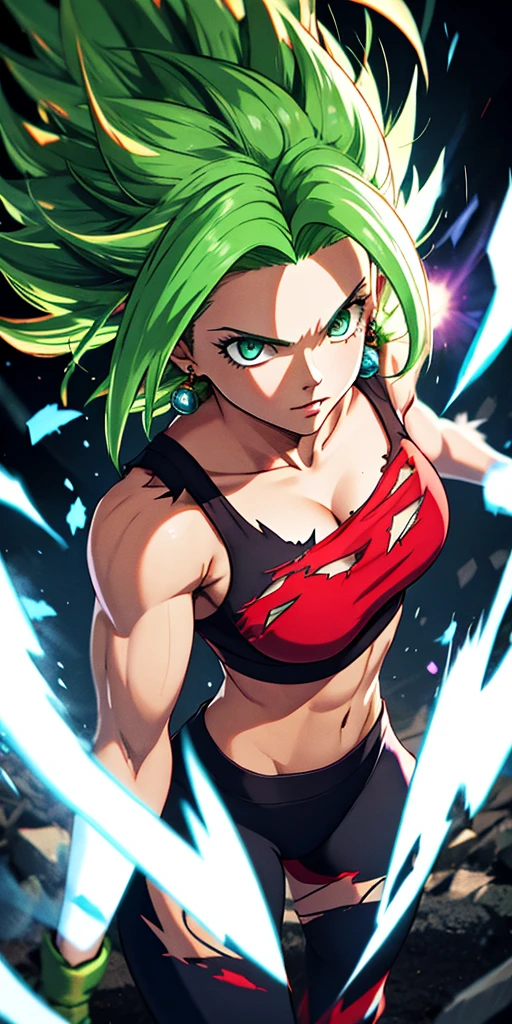 (masterpiece, best quality, ultra-detailed, highres, best illustration), 1girl,cowboy shot of beautiful xyzkefla super saiyan, green hair, green eyes, spiked hair, energy, (torn clothes:1.2), jewelry, aura, leggings, red clothing, detailed, sharp focus, dramatic, cinematic lighting, bodybuilder