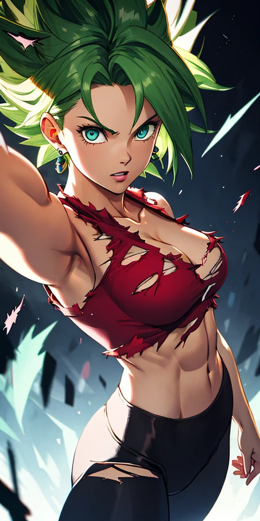 (masterpiece, best quality, ultra-detailed, highres, best illustration), 1girl,cowboy shot of beautiful xyzkefla super saiyan, green hair, green eyes, spiked hair, energy, (torn clothes:1.2), jewelry, aura, leggings, red clothing, detailed, sharp focus, dramatic, cinematic lighting, bodybuilder