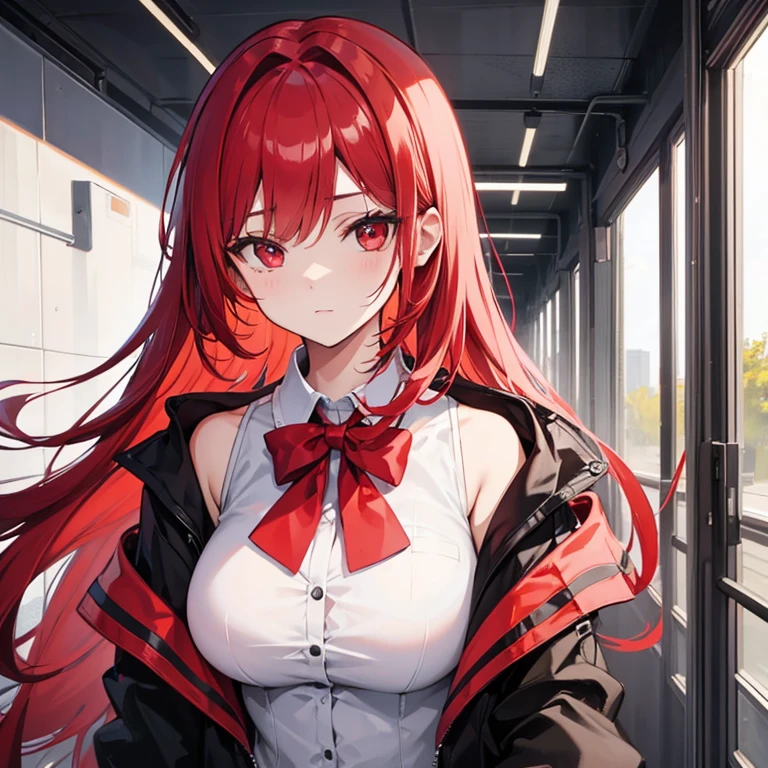 One girl, High school, red hair, red eyes, high , Busty