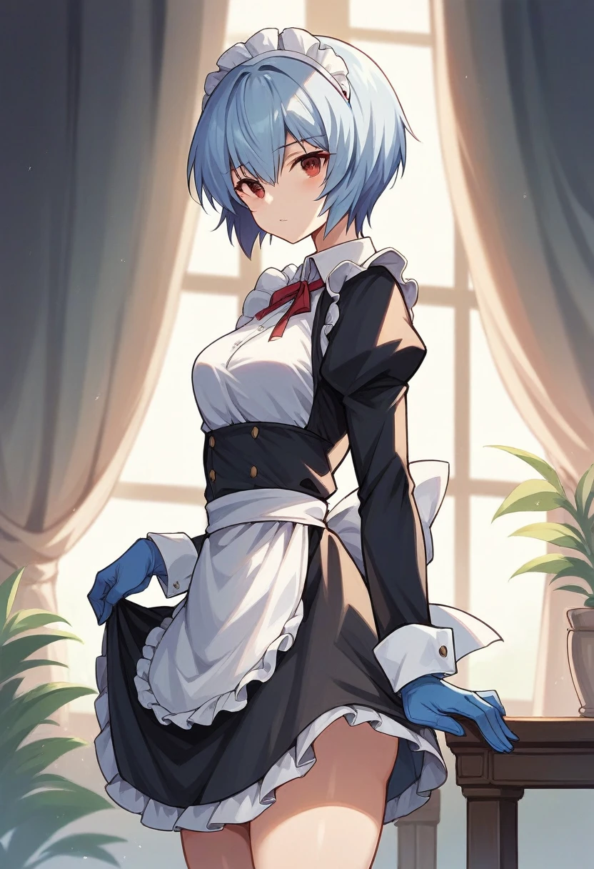 1girl, rei ayanami, ((blue gloves)), (black maid uniform), ((long sleeves)), looking at viewer, standing, solo