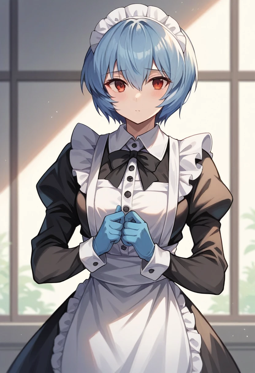 1girl, rei ayanami, ((blue gloves)), (black maid uniform), ((long sleeves)), looking at viewer, standing, solo
