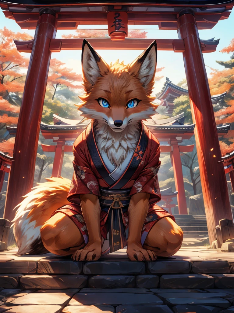 Japanese fox add high definition_detagregate_detail:1, japanese shrine scenery add_detail:1, Whole body_detail, under a tori gate, super detailed pupils, beautiful eyes, bright pupils, jack-o position