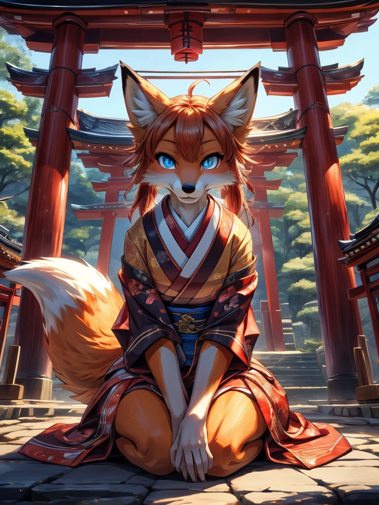 Japanese fox add high definition_detagregate_detail:1, japanese shrine scenery add_detail:1, Whole body_detail, under a tori gate, super detailed pupils, beautiful eyes, bright pupils, jack-o position