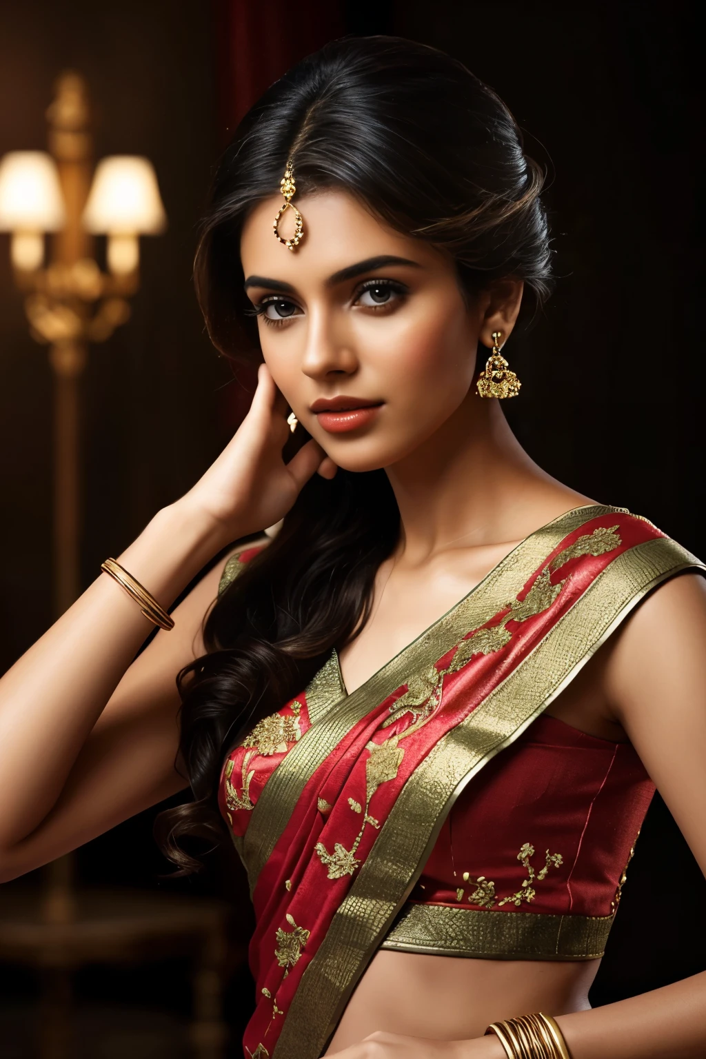 In this photograph, an Indian Instagram female model in her mid-20s takes hugging her self. (highly detailed face:1.4) (smile:0.7) (background 5-star hotel, moody, private study:1.0V, by Lee Jeffries, Nikon D850, film stock photograph, 4 Kodak Portra 400, camera f1.6 lens, rich colors, hyper-realistic, lifelike texture, dramatic lighting, Cinestill 800, realistic). She is wearing a traditional strawberry printed saree that exudes elegance and sophistication. The saree features a vibrant and intricate design with rich colors and detailed patterns, draped gracefully around her. The blouse is sleeveless but with intricate embroidery and beadwork, complementing the saree’s luxurious fabric. She is tying her hair with raised hands, Completing her look, she adorns herself with traditional jewelry, including bangles, earrings, and a necklace. The model's hair is styled in a classic bun with jasmine flowers, adding a modern twist to her traditional attire. 

The photograph is meticulously captured in 8K resolution using cutting-edge techniques such as Cinema 4D and Octane Render, resulting in a highly detailed and photorealistic image. Studio lighting, HDR, and a smoky mist create a captivating ambiance, while the bokeh effect adds an artistic touch.