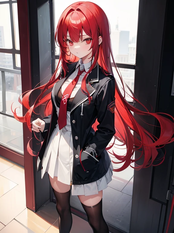 One girl, High school, red hair, red eyes, high , Busty, human, full body