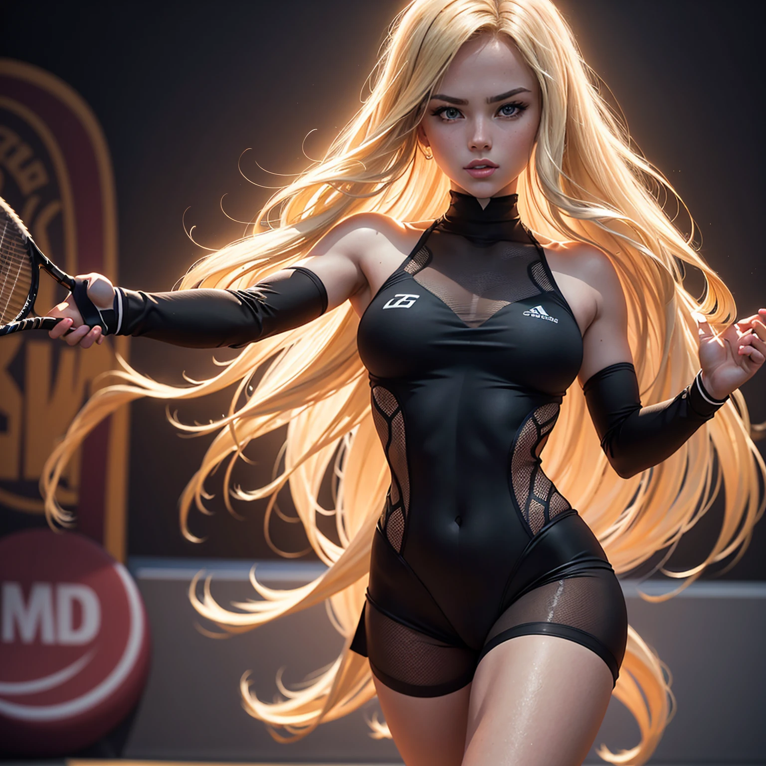 A blond girl in a black bodystocking, playing tennis on a tennis court, detailed facial features, high quality, realistic, photorealistic, 8k, masterpiece, intricate details, dynamic pose, dramatic lighting, vibrant colors, cinematic atmosphere