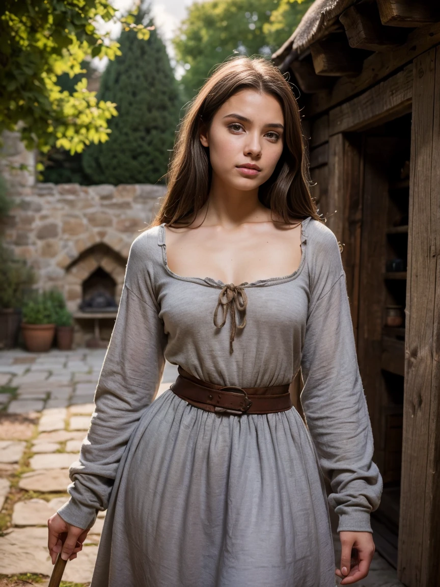 Submissive 18 year-old maiden, gorgeous and sultry busty athletic (flat stomach) brunette peasant with sharp facial features, medieval headscar, rough-spun linen grey and brown medieval dress, long sleeves, wide neck, long dress, Middle Ages, cottage, farm, exterior, trees, countryside, sunset cleaning the master's courtyard