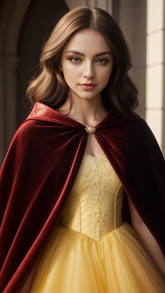 full body, a gorgeous 12 year-old girl wearing a red velvet cape cloak, yellow tulle ball gown, flirtatious smirk, stunning eyeliner, tiktok girl, ig model, perfect human female specimen, pale skin, long straight brown hair, bathed in ambient and mysterious intense sunlight, diffused light, beautiful digital art render, Intricately Detailed, Vibrant, Sharp Focus, Unreal Engine, Beautiful, Radiant, 4K, Organic Tracery, Perfect Composition, Glaze, Vibrant Volumetric Lighting, Extreme Detail, Ultra HD