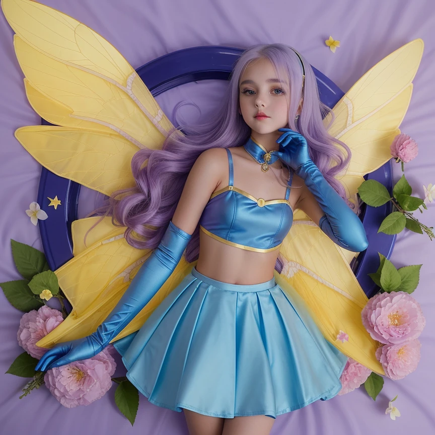 a gorgeous 12 year-old girl wearing a blue crop top and satin circle skirt, long gloves, yellow fairy wings, pale skin, straight purple hair