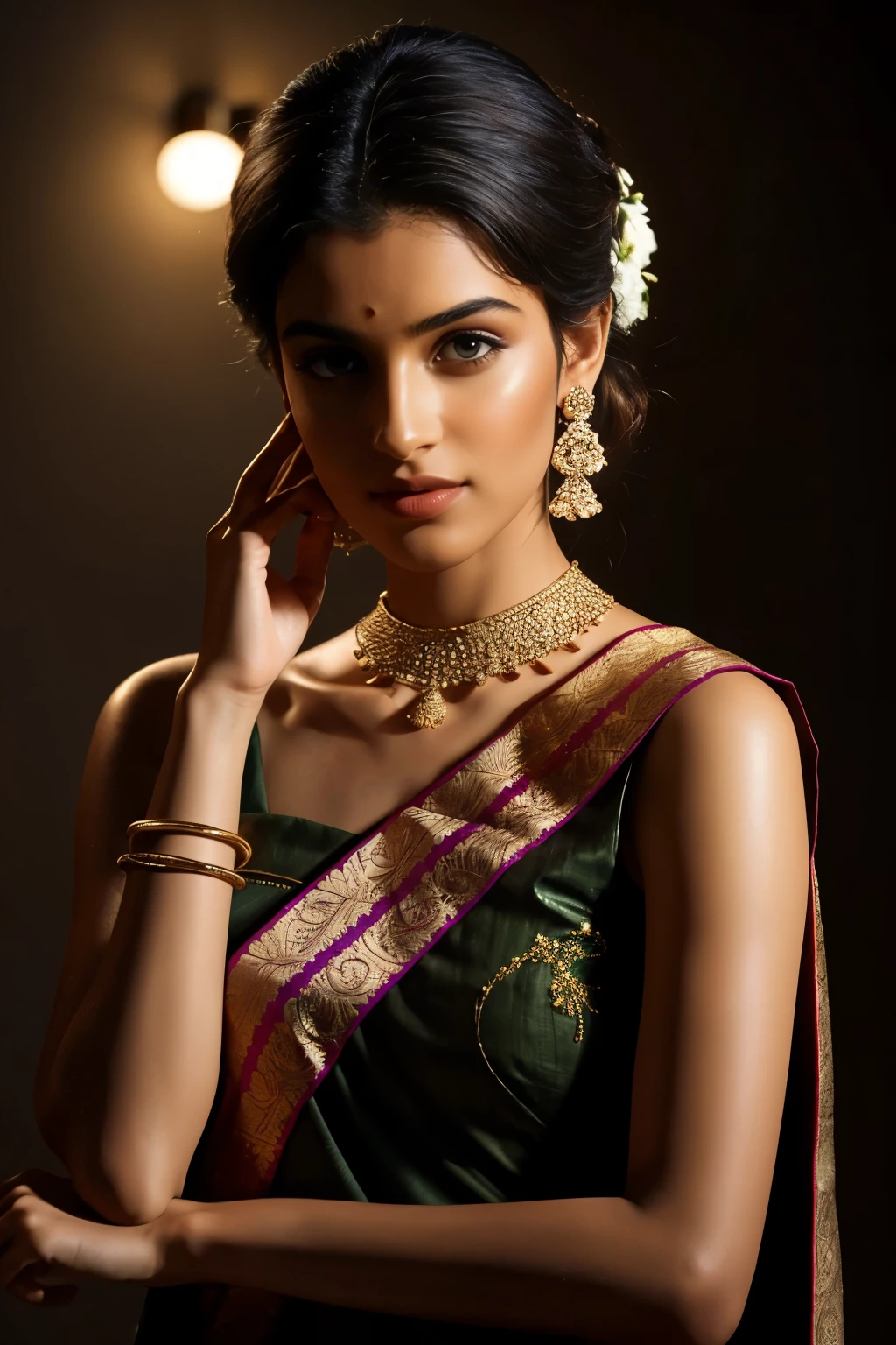 In this photograph, an Indian Instagram female model in her mid-20s takes hugging her self. (highly detailed face:1.4) (smile:0.7) (background 5-star hotel, moody, private study:1.0V, by Lee Jeffries, Nikon D850, film stock photograph, 4 Kodak Portra 400, camera f1.6 lens, rich colors, hyper-realistic, lifelike texture, dramatic lighting, Cinestill 800, realistic). She is wearing a apple printed saree that exudes elegance and sophistication. The saree features a vibrant and intricate design with rich colors and detailed patterns, draped gracefully around her. The blouse is sleeveless but with intricate embroidery and beadwork, complementing the saree’s luxurious fabric. She is tying her hair with raised hands, Completing her look, she adorns herself with traditional jewelry, including bangles, earrings, and a necklace. The model's hair is styled in a classic bun with jasmine flowers, adding a modern twist to her traditional attire.
The photograph is meticulously captured in 8K resolution using cutting-edge techniques such as Cinema 4D and Octane Render, resulting in a highly detailed and photorealistic image. Studio lighting, HDR, and a smoky mist create a captivating ambiance, while the bokeh effect adds an artistic touch.