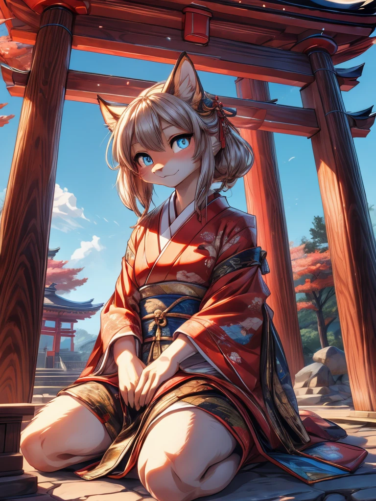 Japanese kistune add high definition_detagregate_detail:1, japanese shrine scenery add_detail:1, Whole body_detail, under a tori gate, super detailed pupils, beautiful eyes, bright pupils, jack-o position