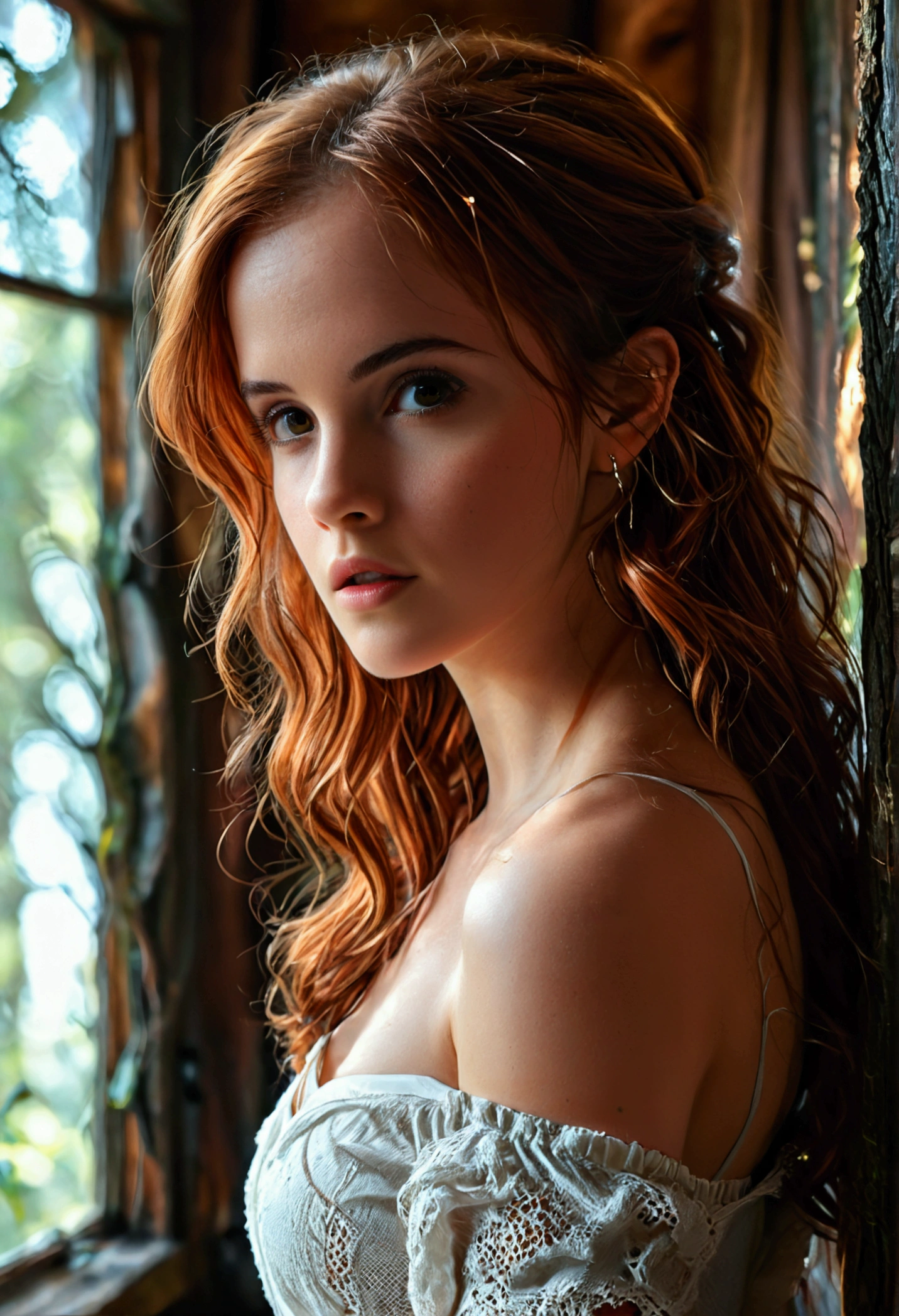 (full body shot:1.5) photorealistic image of a (standing pose:1.1) woman, ultra realistic, Emma Watson ,photography, long red hair, girl, 24 years old, hourglass figure, perfect body, Flirty look, natural medium breasts, blur background, medium hoop earrings, big t-shirt, leggings, bottom shot, long hair, wavy hair, cabin in the woods, photorealistic, Indirect lighting, volumetric light, specular light, ray tracing, hyper-detailed, best quality, ultra-high resolution, HDR, 8k, pose looking out the window