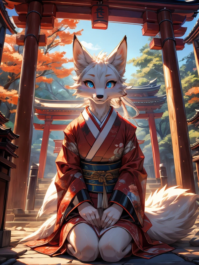 Kitsune white fur add high definition_detagregate_detail:1, japanese shrine scenery add_detail:1, Whole body_detail, under a tori gate, super detailed pupils, beautiful eyes, bright pupils, jack-o position
