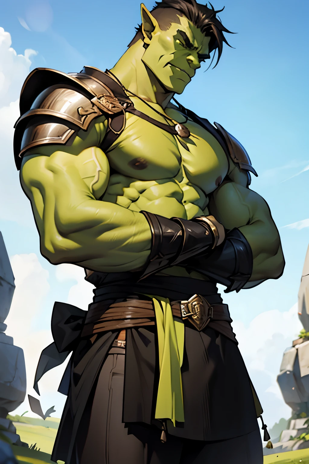 Male focus, green orc, short black hair, gladiador armor, muscular,