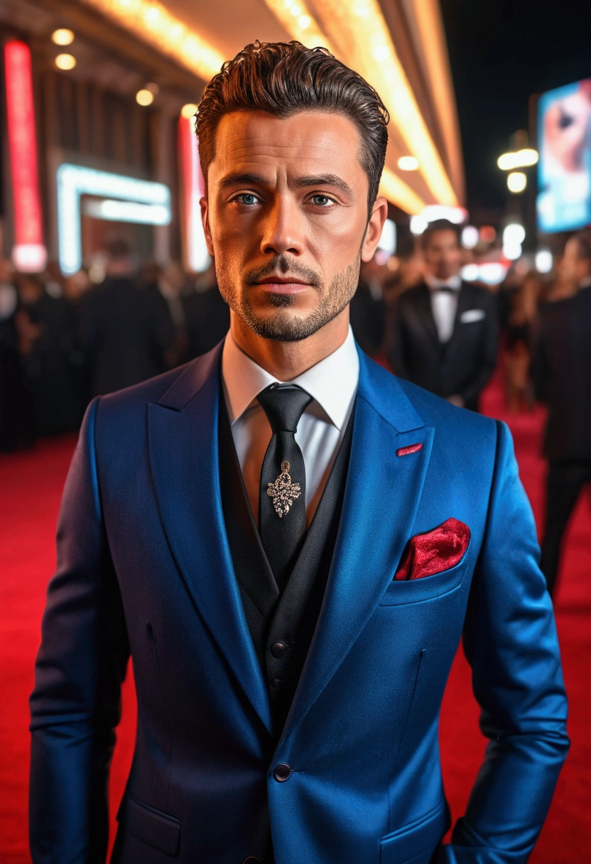 a men as a movie star, (portrait:1.2), (half body:1.2),(face focus:1), modelshoot style, (extremely detailed CG unity 8k wallpaper), Intricate, High Detail, Sharp focus, dramatic, ((movie premiere gala)), ((standing on the red carpet)), ((paparazzi in the background)), (looking at viewer), (detailed pupils:1.2), (elegant suit:1.3)