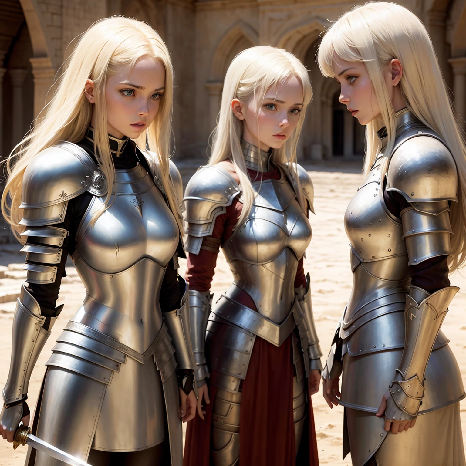 Blond girls white  Womans. Armor   Womans fight .sword in african Womans afroamerican 