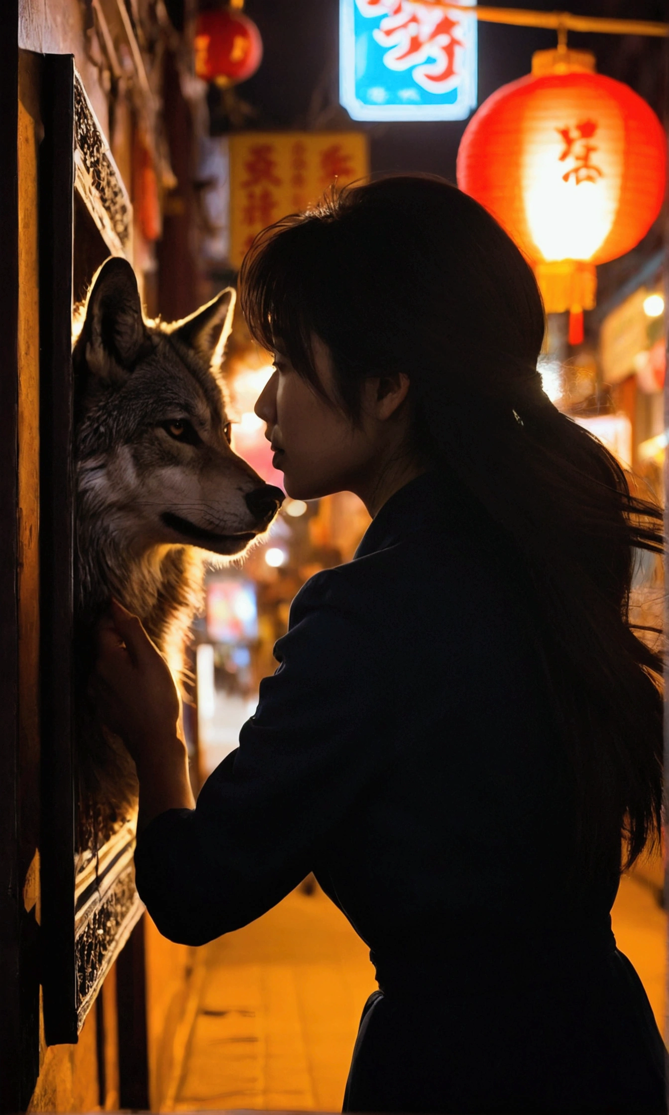 silhouette, Particles of light Medium-length hair woman, The silhouette of a wolf is reflected, Close up background, China Street, Chinatown, night, night空, Better Hands