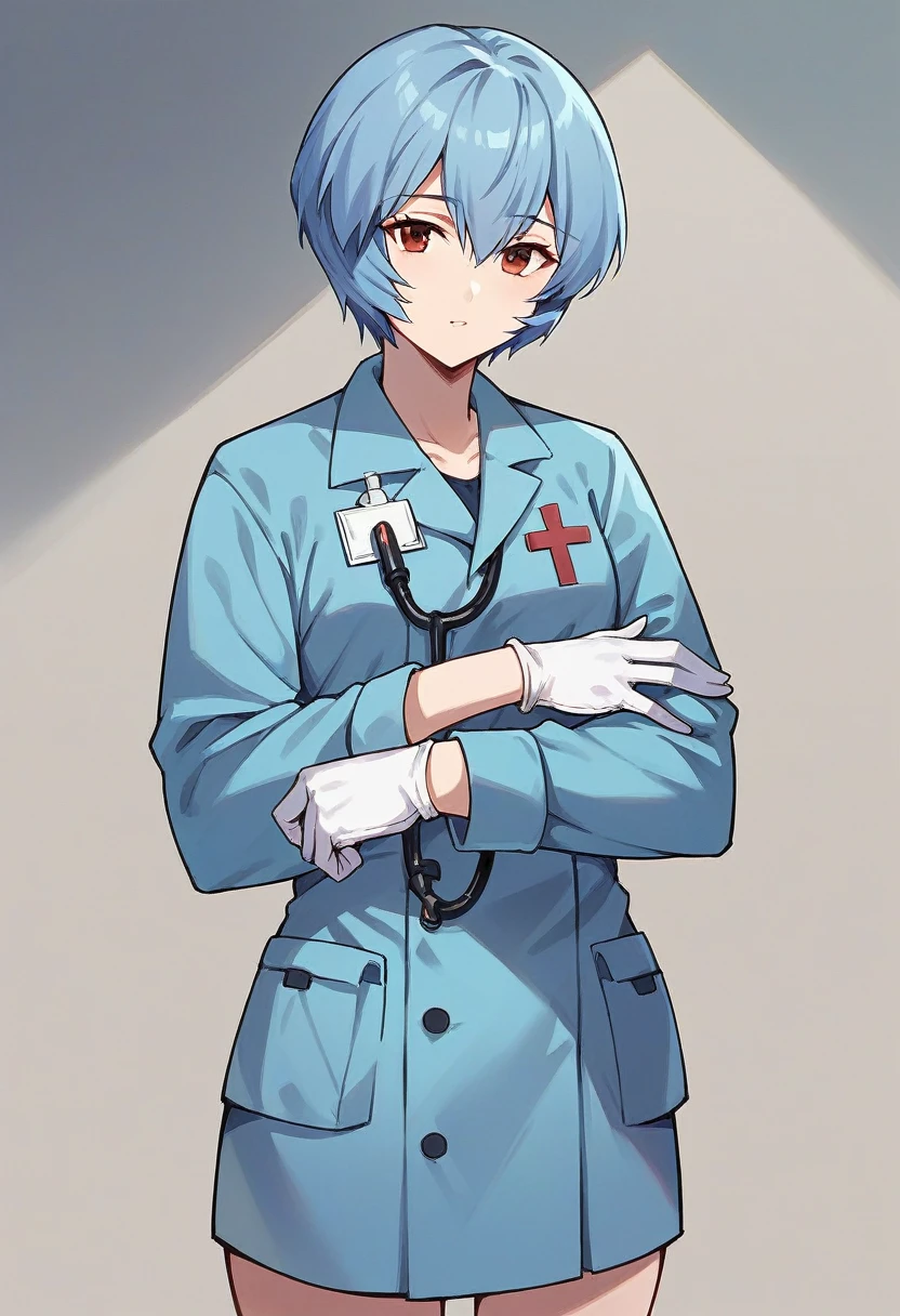 1girl, rei ayanami, ((blue medical gloves)), (doctor uniform), ((long sleeves)), looking at viewer, standing, solo

