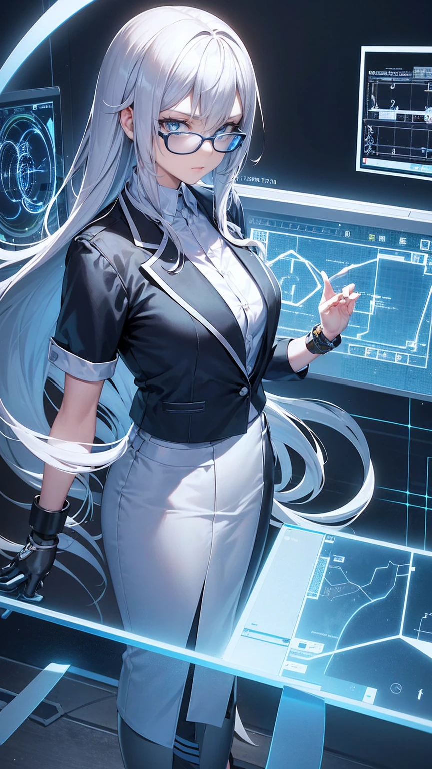 Cyborg teacher with mechanical arm and bionic eye, wearing a lab coat and holding a holographic tablet, Standing in front of an interactive digital whiteboard, Show complex graphs and formulas, A student wearing an augmented reality headset and smart bracelet during class, Modern, Bright classroom,  From the window you can see a futuristic cityscape with skyscrapers and flying vehicles..  