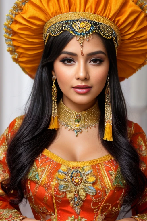 a close up of a woman in a colorful dress posing for a picture, Beautiful costume, orange and yellow costume, colorful dress, Beautiful Mexican woman, Detailed dress and face., Full of colours and rich detail, embellished dress con volantes, traditional beauty, traditional costume, Full of colours, wearing a dress made of beads, wearing an ornate suit, embellished dress, a complex dress