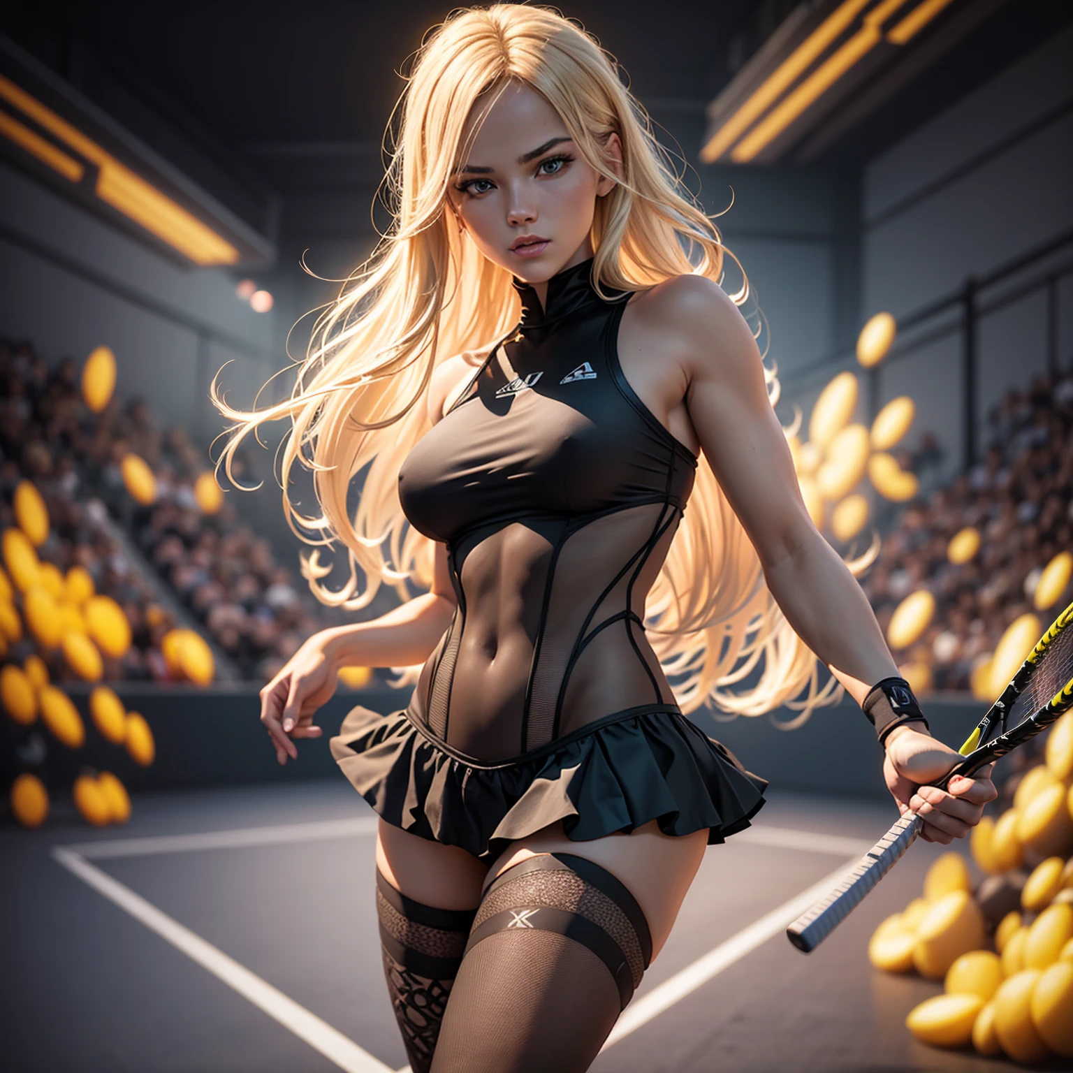 A blond girl in a black bodystocking, playing tennis on a tennis court, detailed facial features, high quality, realistic, photorealistic, 8k, masterpiece, intricate details, dynamic pose, dramatic lighting, vibrant colors, cinematic atmosphere