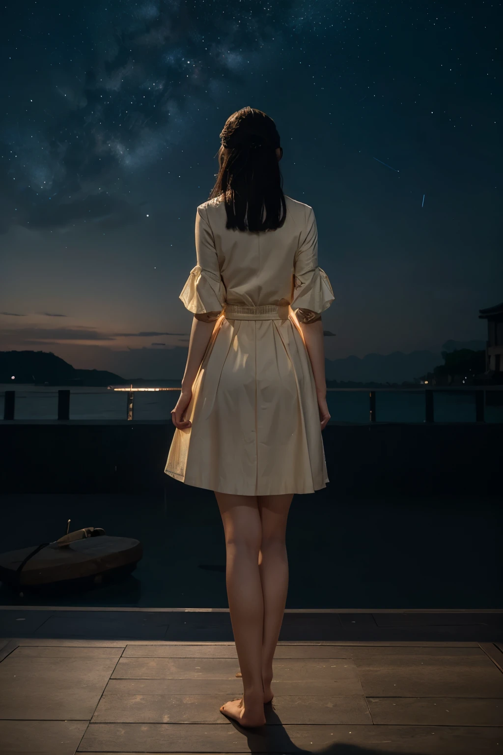 work of art, best qualityer, 1 girl, standing alone, Guizhong_genshin, Standard_don, from behind, Starry sky impression, sleeves over the wrists, bare feet