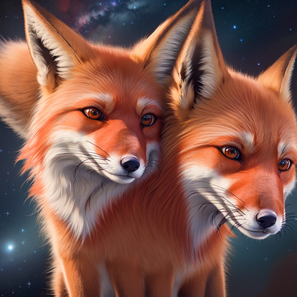 ((realistic detailed red fox, Alone)), clear sky, dawning starry sky