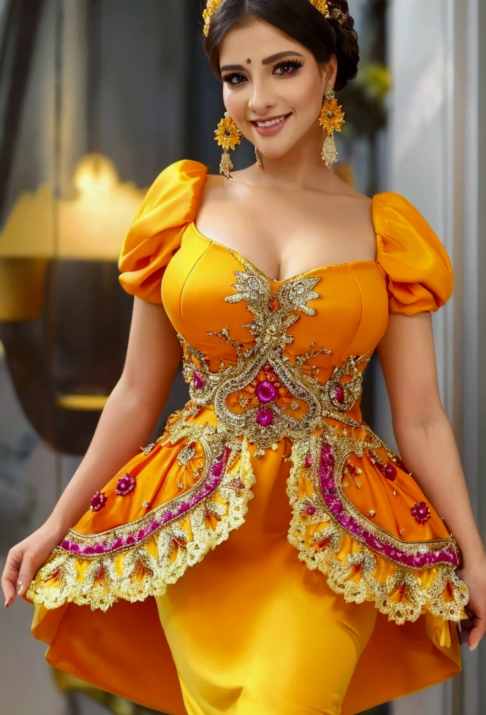a close up of a woman in a colorful dress posing for a picture, Beautiful costume, orange and yellow costume, colorful dress, Beautiful Mexican woman, Detailed dress and face., Full of colours and rich detail, embellished dress con volantes, traditional beauty, traditional costume, Full of colours, wearing a dress made of beads, wearing an ornate suit, embellished dress, a complex dress,😭 🤮 💕 🎀.