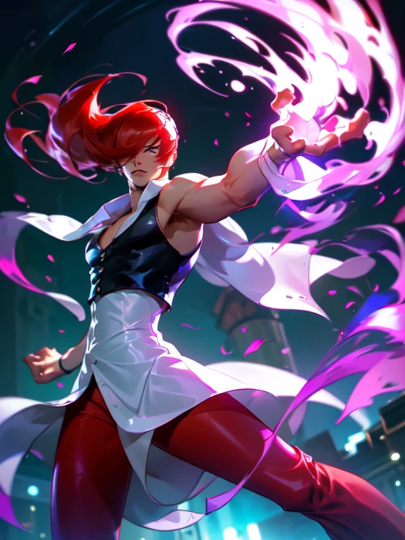 (The best quality,4k,High Resolutions:1.2),ultra detailed,(realist:1.37),1boy,only, Iori Yagami KOF,Iori Yagami,,Fiercely flowing red hair waving in the wind,black leather vest that fits perfectly to his muscular frame,white nightgown fluttering around him,red pants hugging her legs,black shoes shining with elegant polish