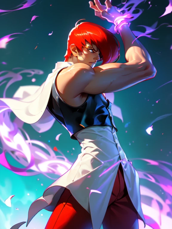 (The best quality,4k,High Resolutions:1.2),ultra detailed,(realist:1.37),1boy,only, Iori Yagami KOF,Iori Yagami,,Fiercely flowing red hair waving in the wind,black leather vest that fits perfectly to his muscular frame,white nightgown fluttering around him,red pants hugging her legs,black shoes shining with elegant polish