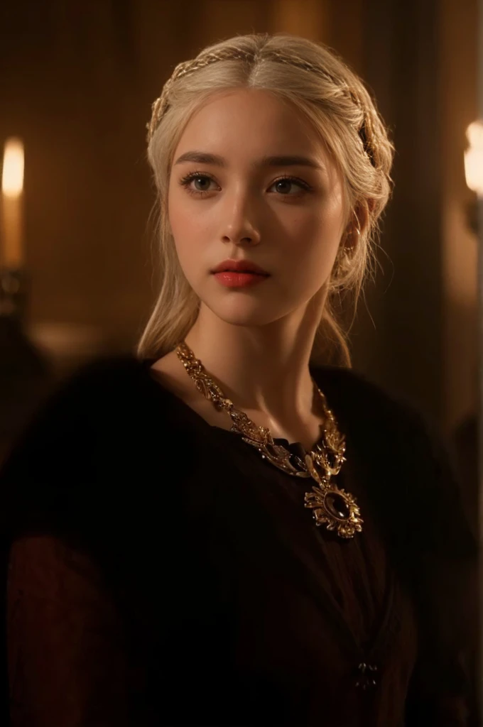 Golden silver hair, Pale skin, large eyes, full lips, Targaryen,