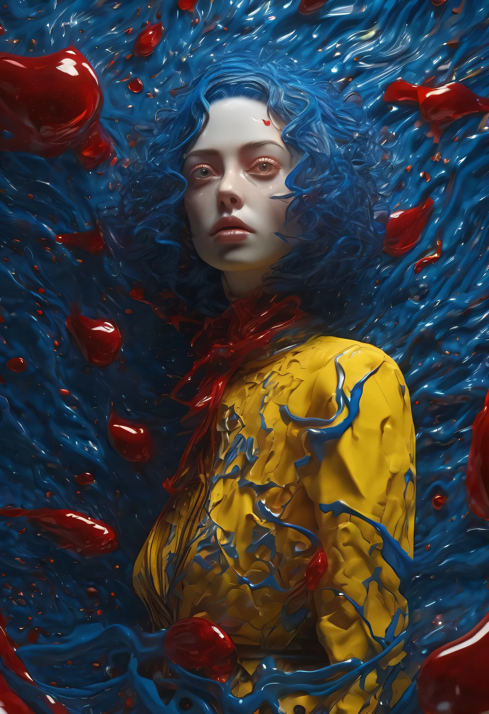 Horror NFT card with passepartout, all blue and yellow, red blood, mess, surrealistic artwork of René Magrite, 4D texture, 8k quality, photorealistic with anime touch, very real