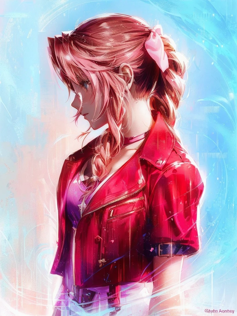 aerith, final fantasy vii, anime girl with red jacket and pink hair with a pink bow, beautiful aerith gainsborough, glamorous aerith portrait, aerith gainsborough, anime style digital art, anime digital art, anime styled digital art, anime style 4 k, video game digital art, female protagonist, portrait knights of zodiac girl, anime art wallpaper 8 k, profile of anime girl