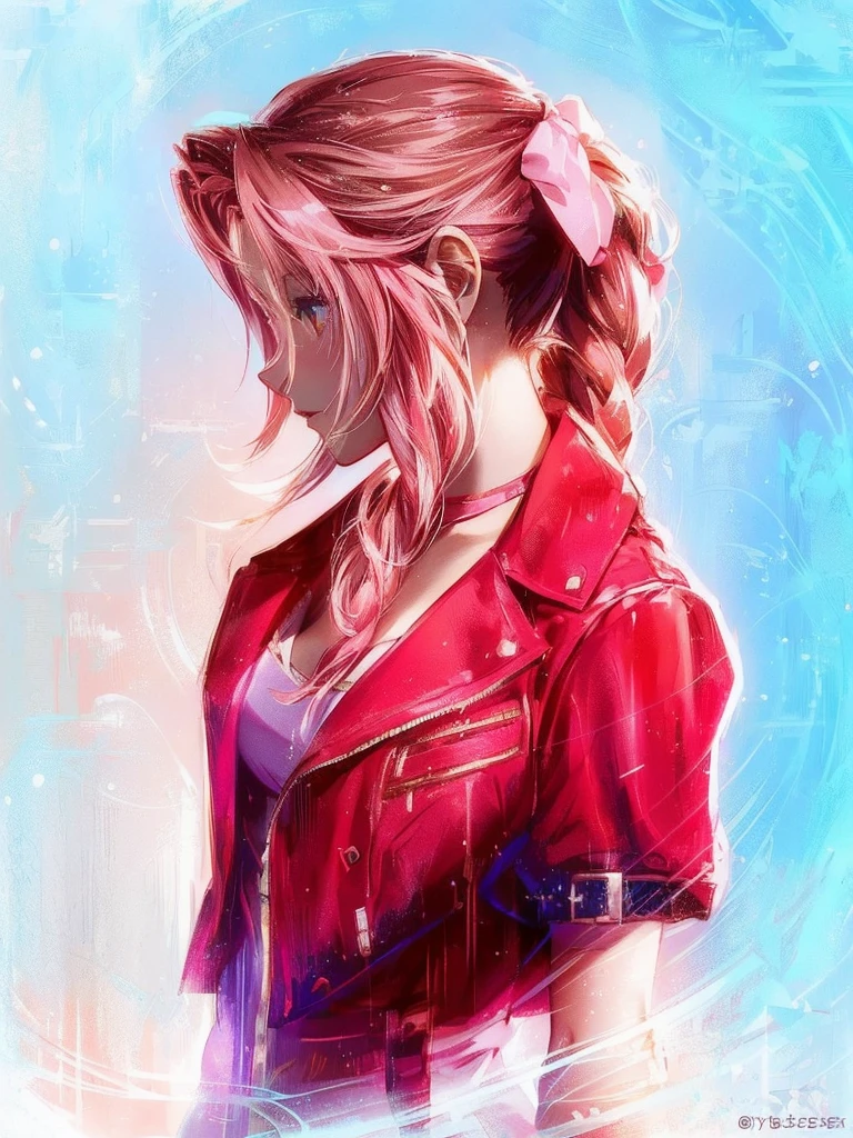 aerith, final fantasy vii, anime girl with red jacket and pink hair with a pink bow, beautiful aerith gainsborough, glamorous aerith portrait, aerith gainsborough, anime style digital art, anime digital art, anime styled digital art, anime style 4 k, video game digital art, female protagonist, portrait knights of zodiac girl, anime art wallpaper 8 k, profile of anime girl