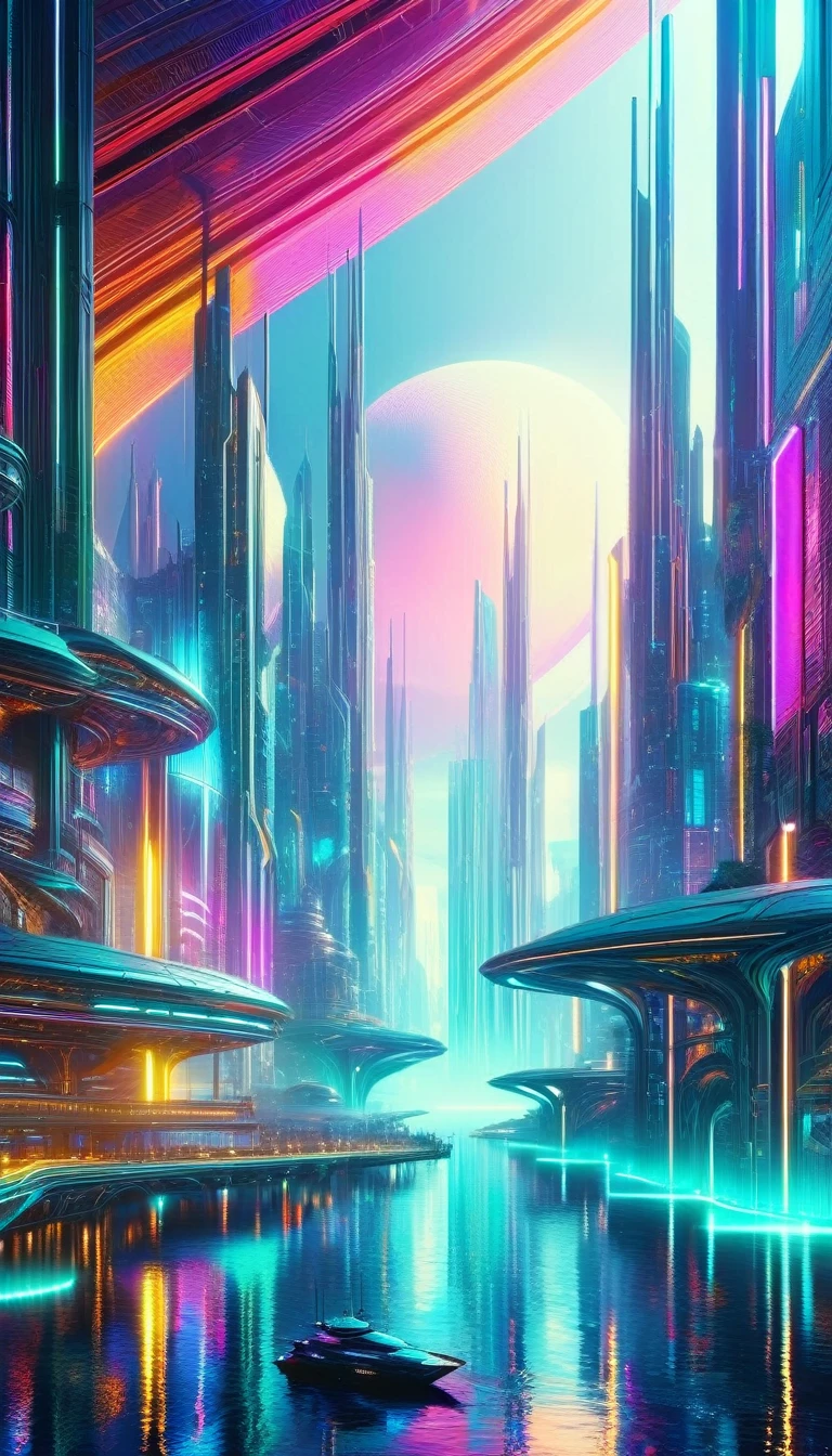a futuristic world, surreal landscape, impressionistic cityscape, intricate architecture, advanced technology, neon lights, vibrant colors, dramatic lighting, sci-fi elements, photorealistic, 8k, highly detailed, masterpiece