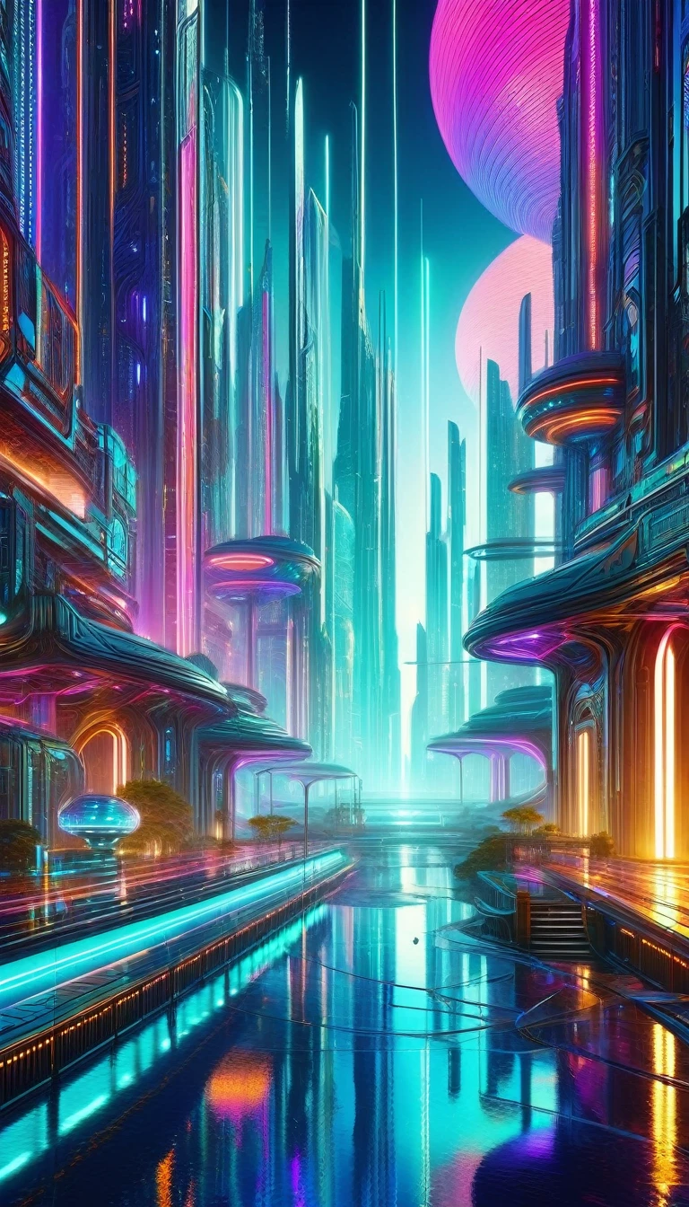 a futuristic world, surreal landscape, impressionistic cityscape, intricate architecture, advanced technology, neon lights, vibrant colors, dramatic lighting, sci-fi elements, photorealistic, 8k, highly detailed, masterpiece
