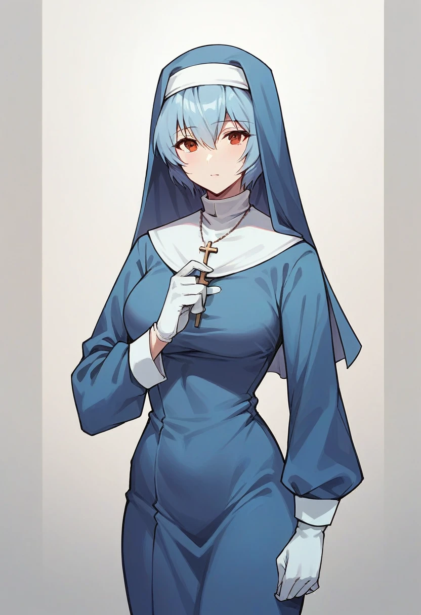 1girl, rei ayanami, ((blue medical gloves)), (nun uniform), ((long sleeves)), looking at viewer, standing, solo


