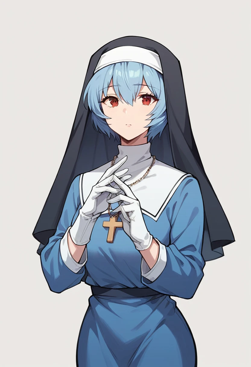 1girl, rei ayanami, ((blue medical gloves)), (nun uniform), ((long sleeves)), looking at viewer, standing, solo