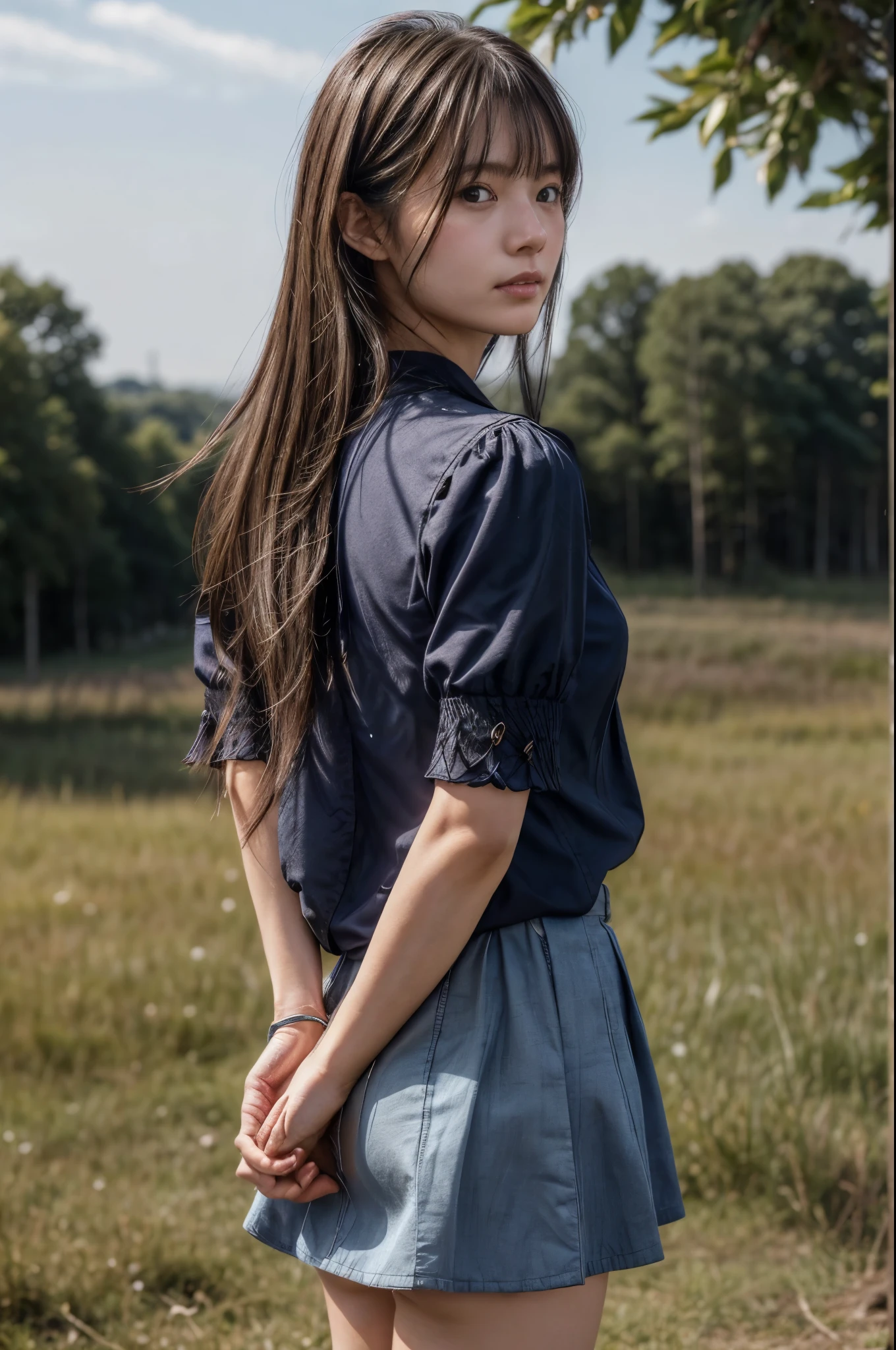 The woman has her hands tied、((Place your hands behind your back))、((Place your hands together and cross them behind your back))、(((Her wrists are tied with rope)))、shibari、beauty、２０Year、university student、(anatomicaly, Has two arms and two hands)、Standing on a hill at night、There are a lot of trees、Beautiful night sky、There are many stars、A strong wind is blowing、Wearing a short-sleeved blouse、Wear a high school student-style miniskirt、Uniform eyes、Well-proportioned physique、Small breasts、Small face、(I can see from head to heel), Black Hair, bangs, swept bangs, Straight hair, Nervous, Messy Hair, Floating hair, Cinema Lighting, tachi-e, First-person view, throw, From behind, F/1.2, Nikon, Cowboy Shot, Surrealism, 超High resolution, Highest quality, High resolution, 8k, Textured skin, anatomicaly正しい体,
