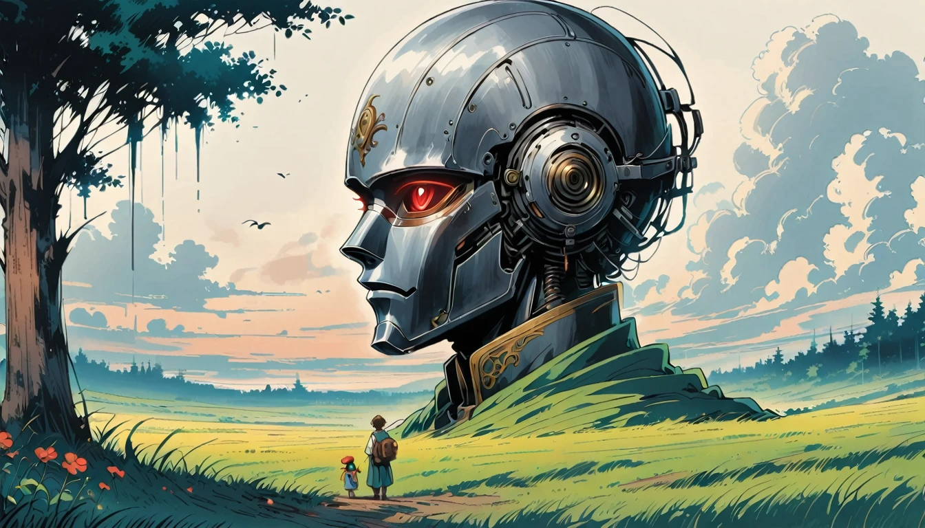 anime , studio ghibli style, a grassland, a boy standing and taking his hand over to giant robotic head, giving a flower to the robotic head, robotic head come from a tree in grassland, sharp and crisp color and lines, 2d anime frame, the boy in the left and the head are in the right on the camera frame