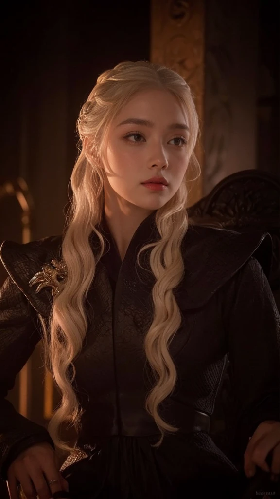 Golden silver hair, Pale skin, large eyes, splattered nose, full lips, Targaryen