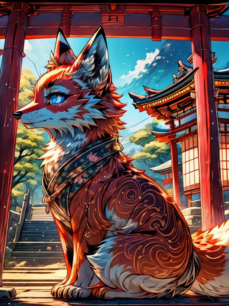 Japanese fox add high definition_detagregate_detail:1, japanese shrine scenery add_detail:1, Whole body_detail, under a tori gate, super detailed pupils, beautiful eyes, bright pupils, jack-o position