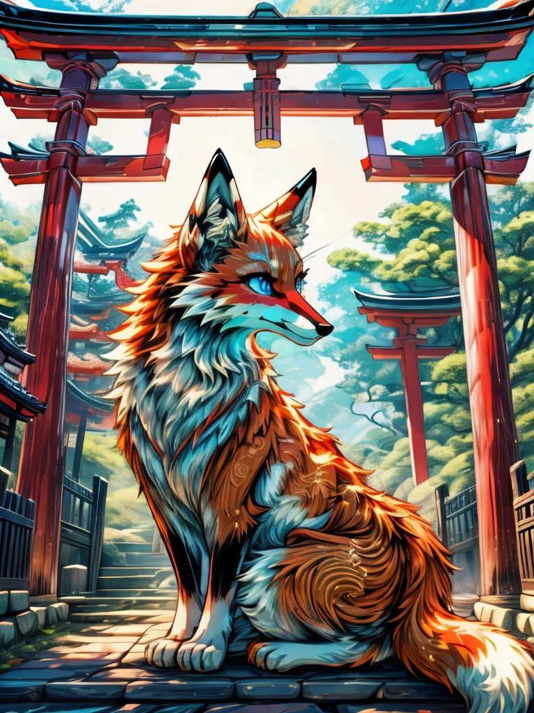 Japanese fox add high definition_detagregate_detail:1, japanese shrine scenery add_detail:1, Whole body_detail, under a tori gate, super detailed pupils, beautiful eyes, bright pupils, jack-o position