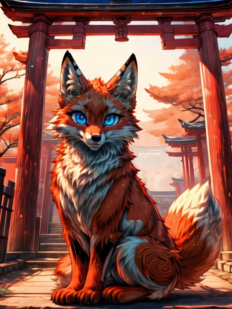 Japanese fox add high definition_detagregate_detail:1, japanese shrine scenery add_detail:1, Whole body_detail, under a tori gate, super detailed pupils, beautiful eyes, bright pupils, jack-o position