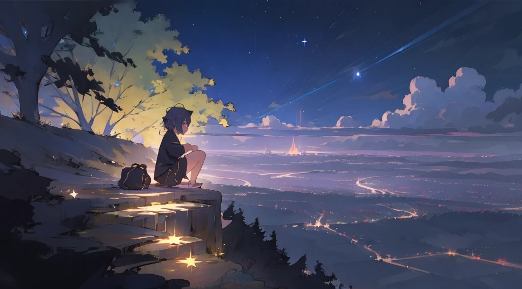 masterpiece,night,(dark alley),star、Night Sky、Overlooking the city、milky way、octone、
(1 Youth), (独奏), Knee hugging sitting，acousticguitar