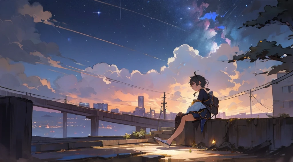 masterpiece,night,(dark alley),star、Night Sky、Overlooking the city、milky way、octone、
(1 Youth), (独奏), Knee hugging sitting,acousticguitar