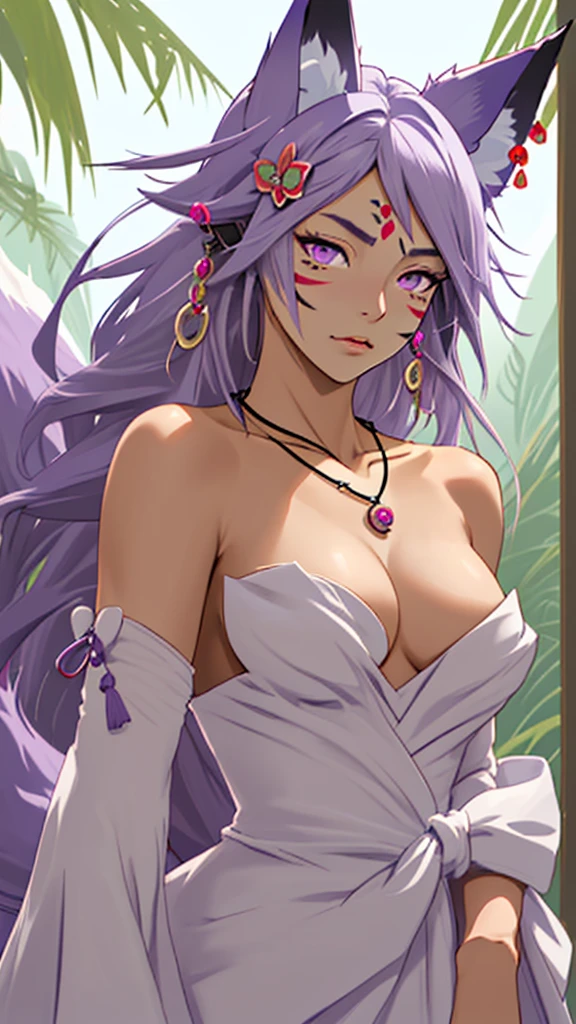 Niji style, 1girl, animal ears, facial mark, tail, solo, jewelry, fox ears, miqo'te, earrings, long hair, necklace, fox tail, breasts, whisker markings, purple eyes, strapless, hair ornament, medium breasts, looking at viewer , upper body, strapless dress, bare shoulders, dress,